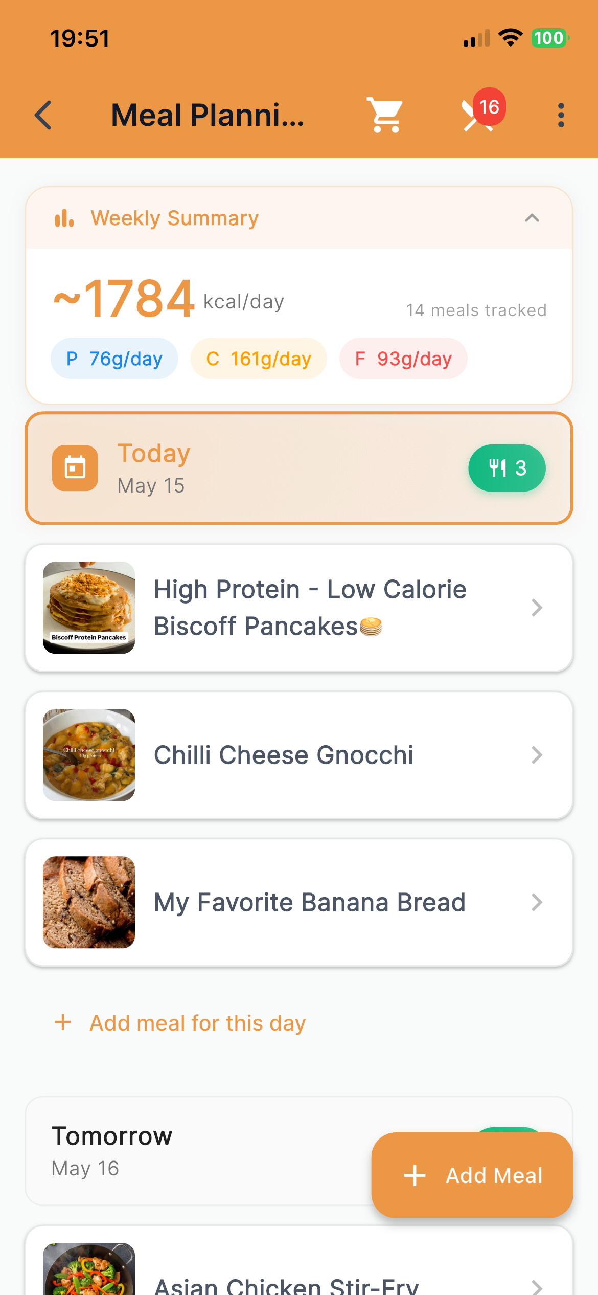 Forkr meal planning showing ~1784 kcal/day with 76g protein, 161g carbs, 93g fat