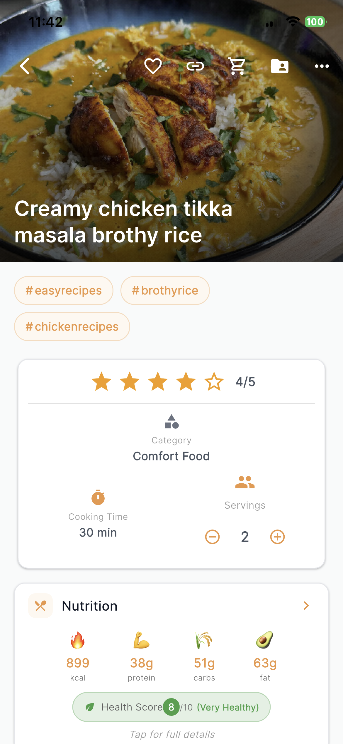 Forkr recipe card: Creamy Chicken Tikka Masala with nutrition facts, health score, and category tags