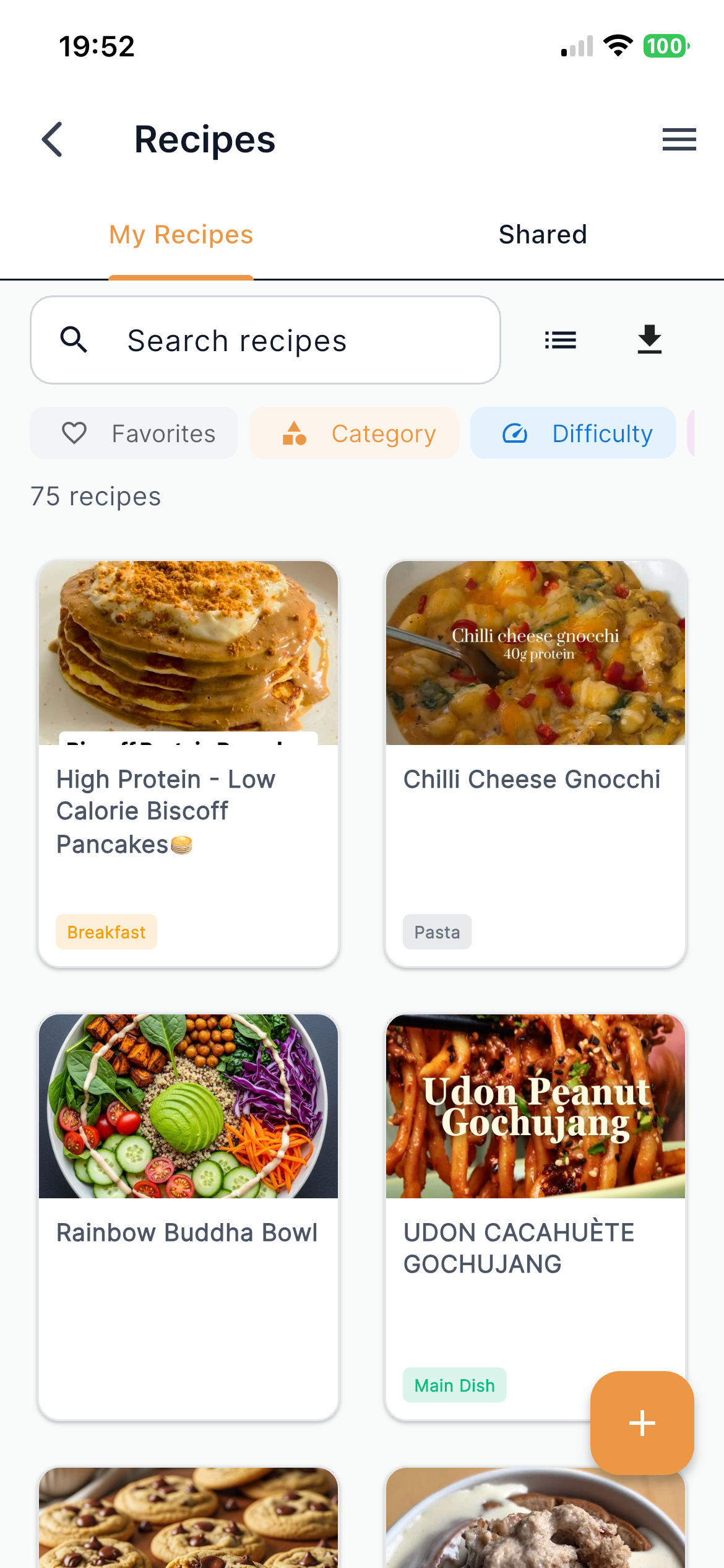 Forkr recipe grid showing vibrant food photography: Buddha Bowl, Biscoff Pancakes, Gnocchi