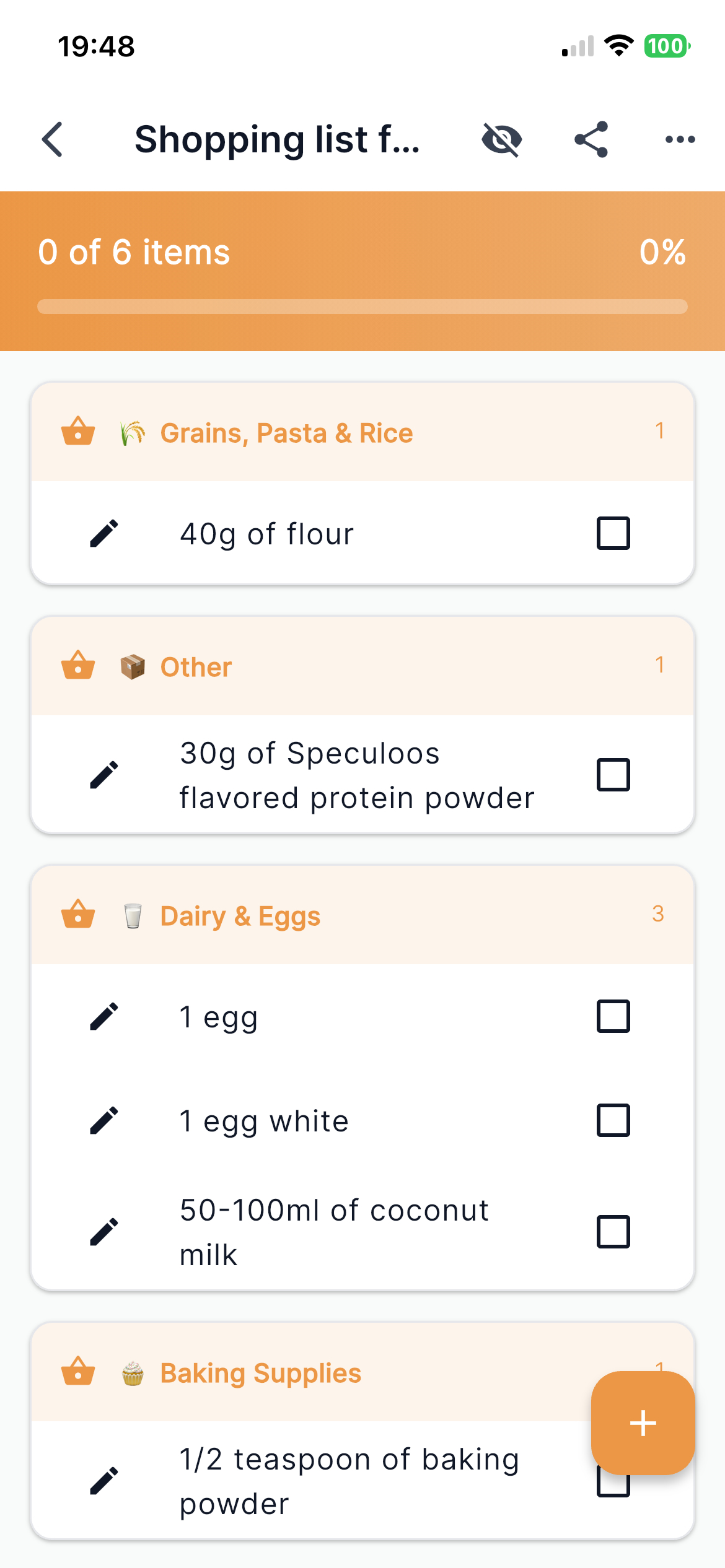 Forkr shopping list organized by category: Grains, Dairy & Eggs, Baking Supplies